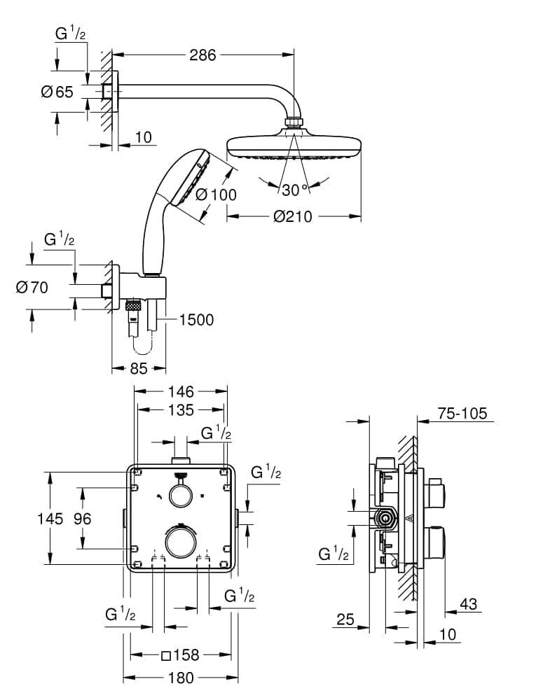 SISTEM DUS GROHTHERM PATRAT CU CAP DUS TEMPESTA 210, SET DUS TEMPESTA 100 II , FURTUN ROTAFLEX 1500